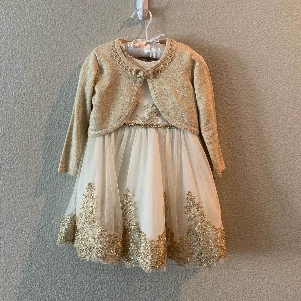 3T Toddler dress & sweater. White with gold trim.